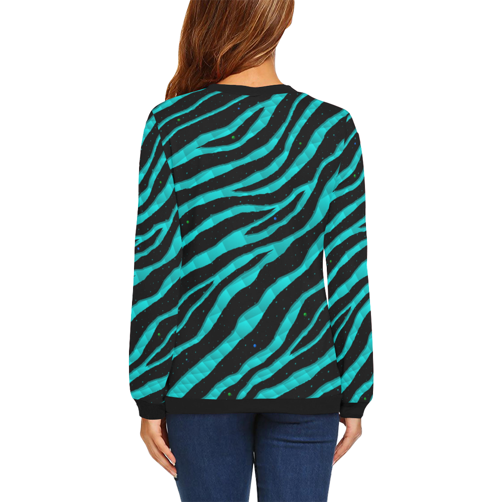Ripped SpaceTime Stripes - Cyan All Over Print Crewneck Sweatshirt for Women (Model H18)