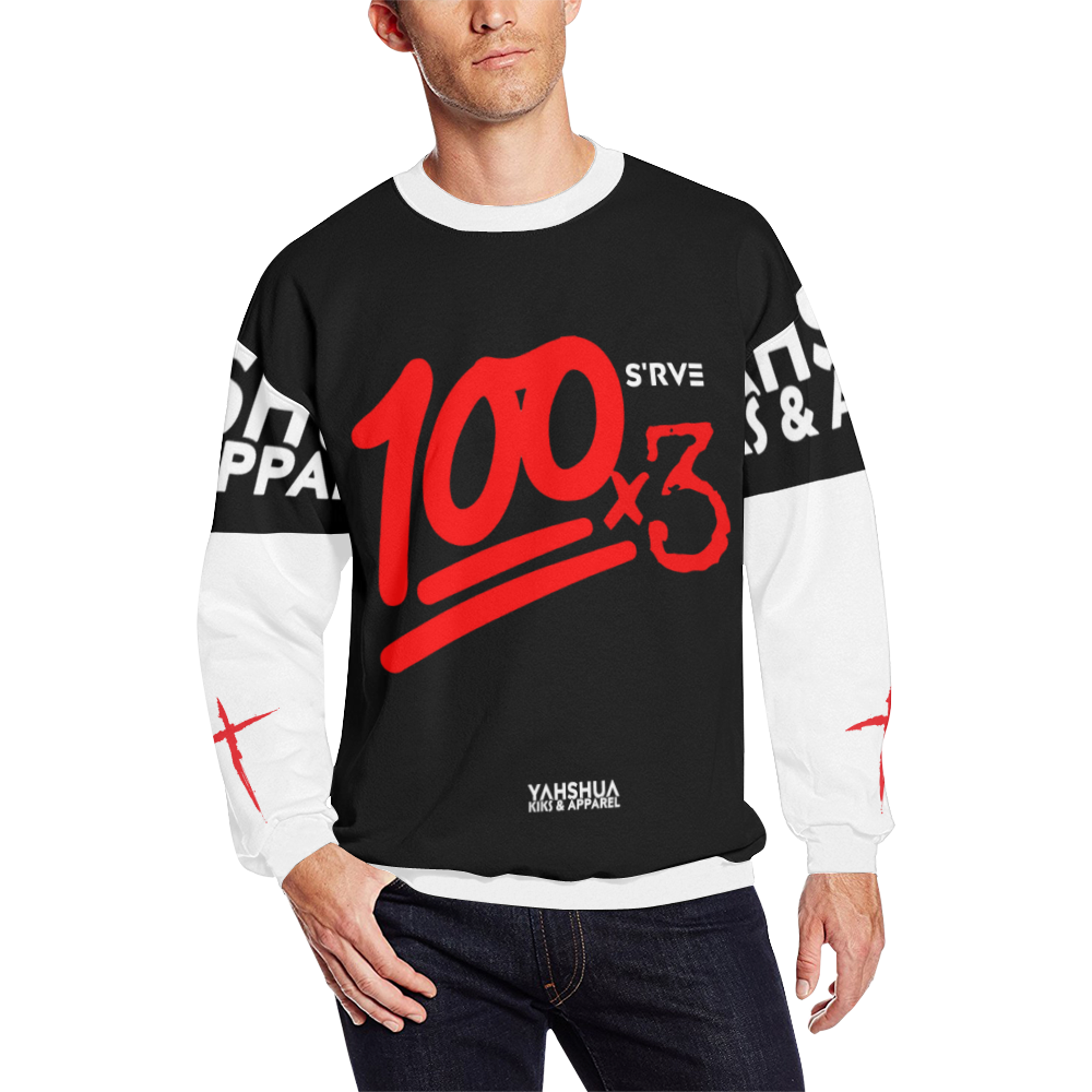 100x3 (Black White) Men's Oversized Fleece Crew Sweatshirt/Large Size(Model H18)