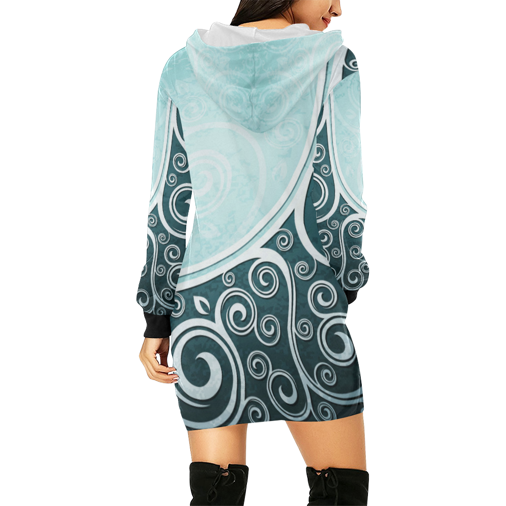 Abstract-Vintage-Floral-Blue All Over Print Hoodie Mini Dress (Model H27)