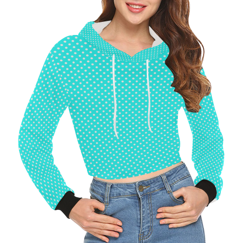 Baby blue polka dots All Over Print Crop Hoodie for Women (Model H22)