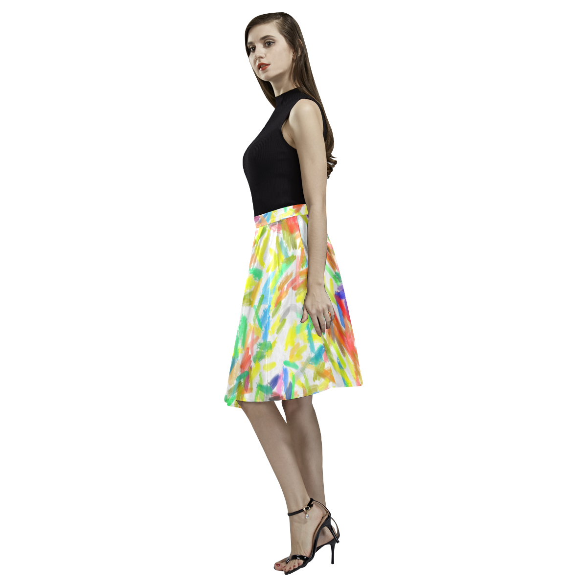Colorful brush strokes Melete Pleated Midi Skirt (Model D15)