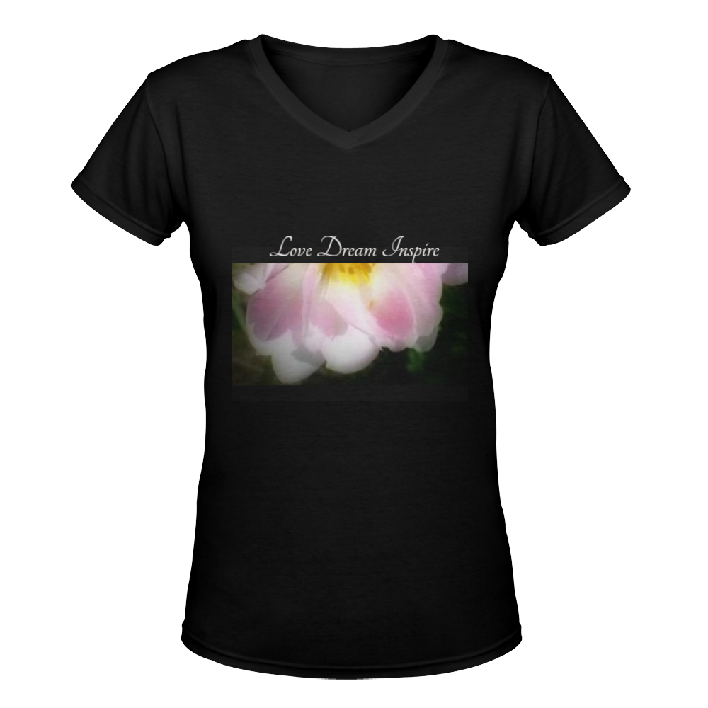 Black: Floating Pink Rose #LoveDreamInspireCo Women's Deep V-neck T-shirt (Model T19)