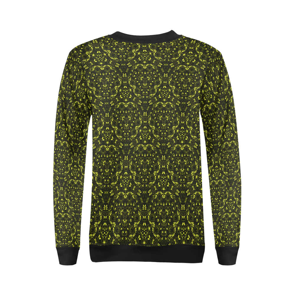 Green vintage pattern on a black background All Over Print Crewneck Sweatshirt for Women (Model H18)