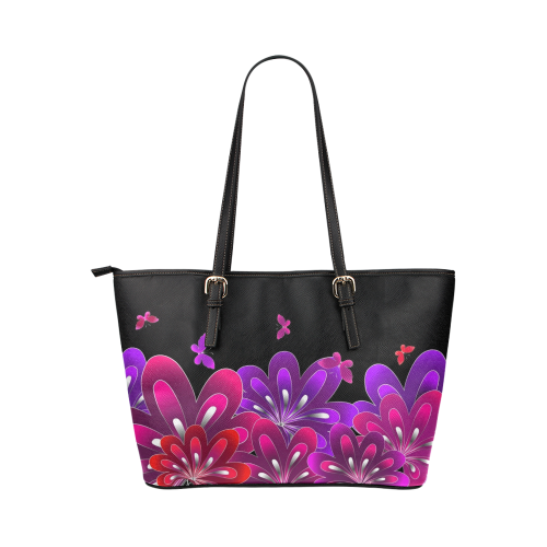 Purple Flowers Leather Tote Bag/Small (Model 1651)