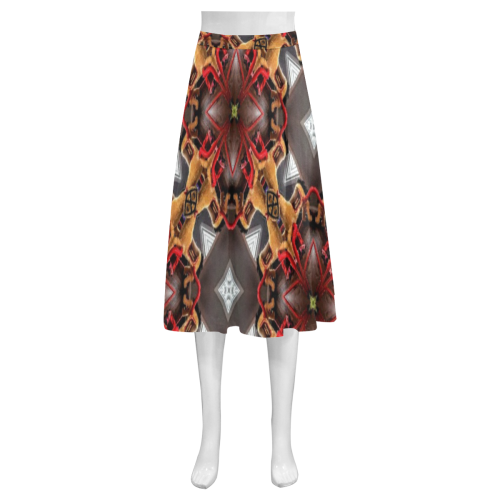 Burgundy Grey w/Gold Square Pattern Mnemosyne Women's Crepe Skirt (Model D16)