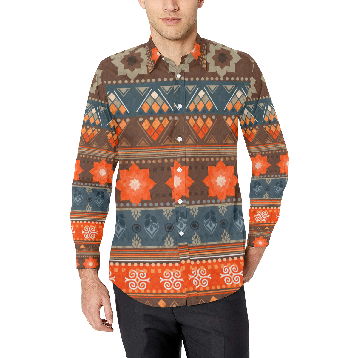 Ethnic Bohemian Brown, Orange, and Blue Men's All Over Print Casual Dress Shirt (Model T61)