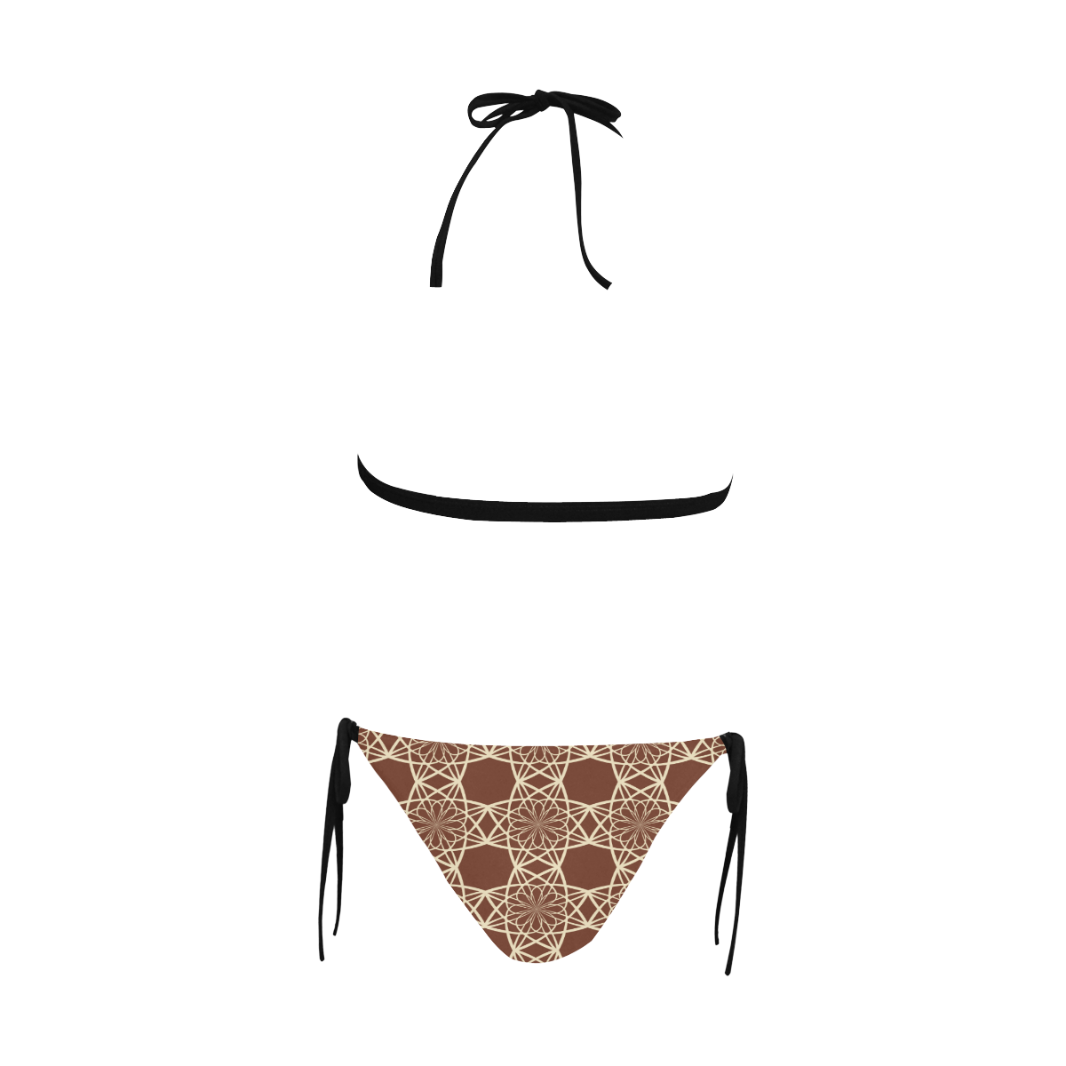 Brown and Beige Flowers Pattern Buckle Front Halter Bikini Swimsuit (Model S08)