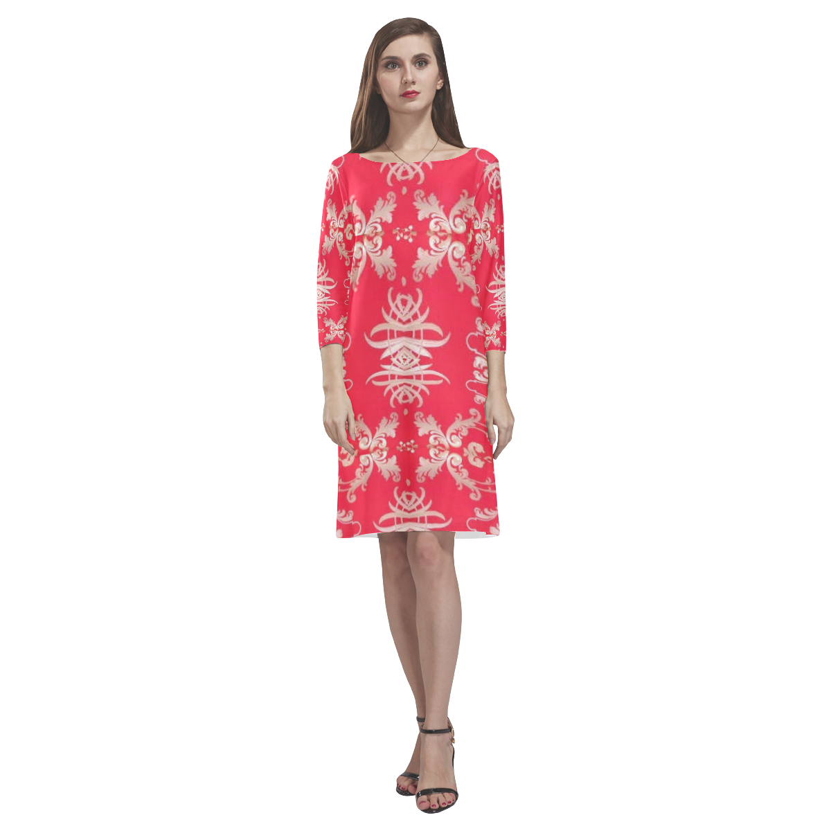 Red Chinese inspired print design by Flipstylez Designs Rhea Loose Round Neck Dress(Model D22)