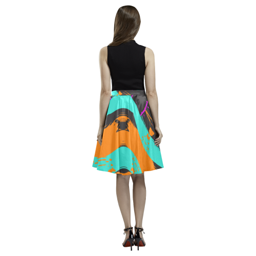 Blue orange black waves Melete Pleated Midi Skirt (Model D15)