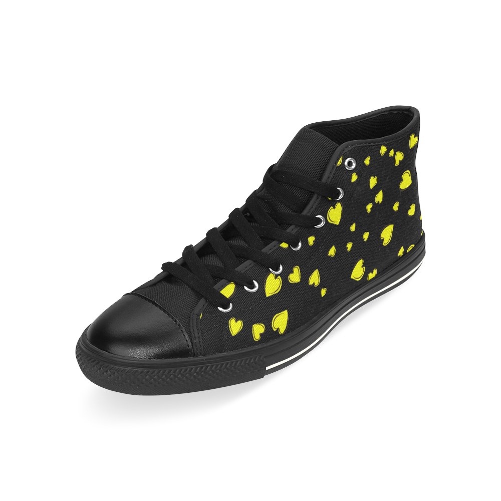 Yellow Hearts Floating on Black High Top Canvas Shoes for Kid (Model 017)