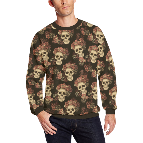 Skull and Rose Pattern Men's Oversized Fleece Crew Sweatshirt (Model H18)
