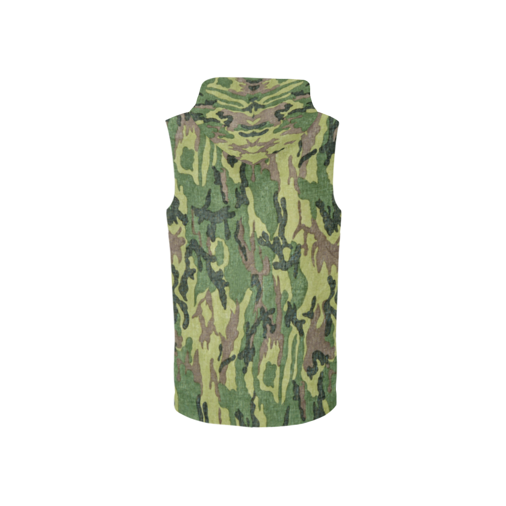 Military Camo Green Woodland Camouflage All Over Print Sleeveless Zip Up Hoodie for Women (Model H16)