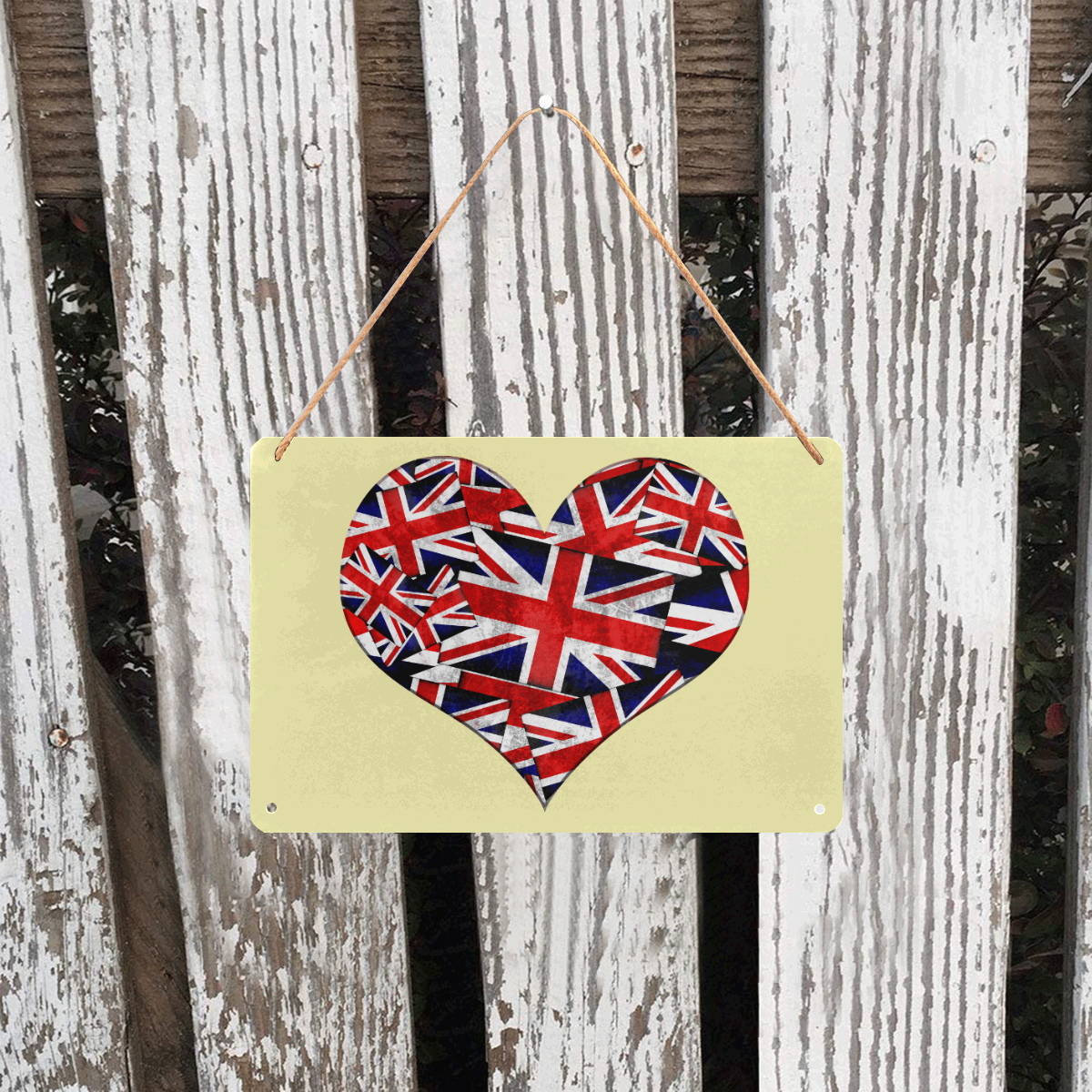 Union Jack British UK Flag Heart Yellow Metal Tin Sign 12"x8"