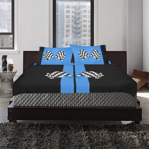 Race Car Stripe, Checkered Flags, Black and Blue 3-Piece Bedding Set