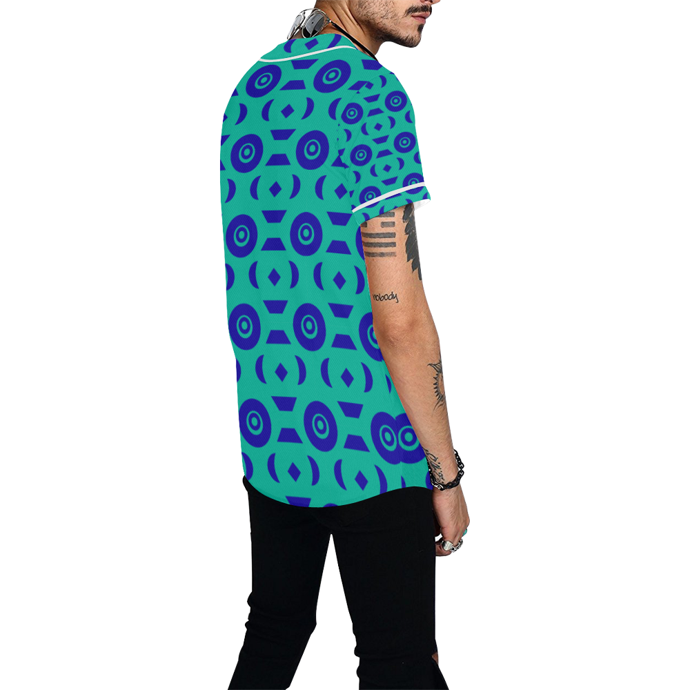 Blue Geometric Shapes in Turquoise All Over Print Baseball Jersey for Men (Model T50)