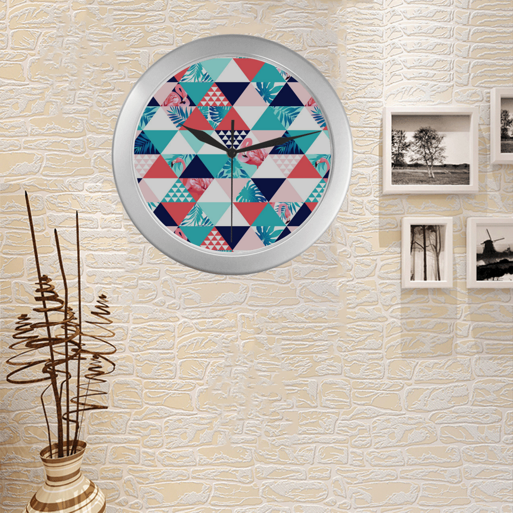 Flamingo Triangle Pattern Silver Color Wall Clock