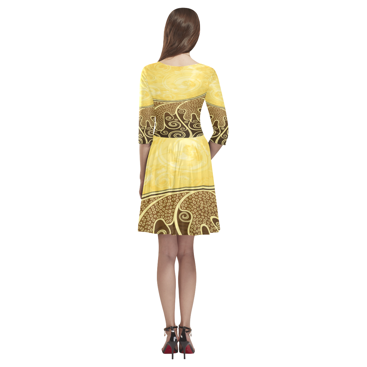 Abstract-Vintage-Floral-Yellow Tethys Half-Sleeve Skater Dress(Model D20)