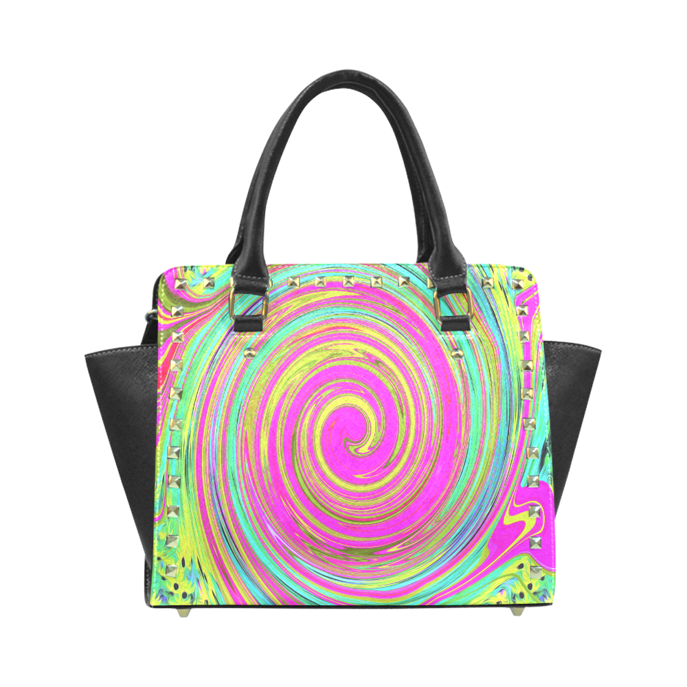 Groovy Abstract Pink Swirl Rivet Shoulder Handbag (Model 1645)