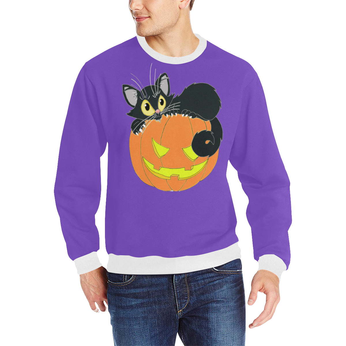Halloween Black Cat And Pumpkin Purple Men's Rib Cuff Crew Neck Sweatshirt (Model H34)