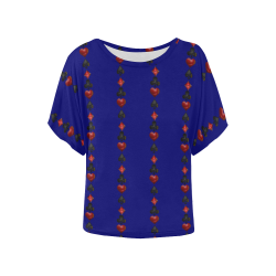 Las Vegas Black and Red Casino Poker Card Shapes on Blue Women's Batwing-Sleeved Blouse T shirt (Model T44)