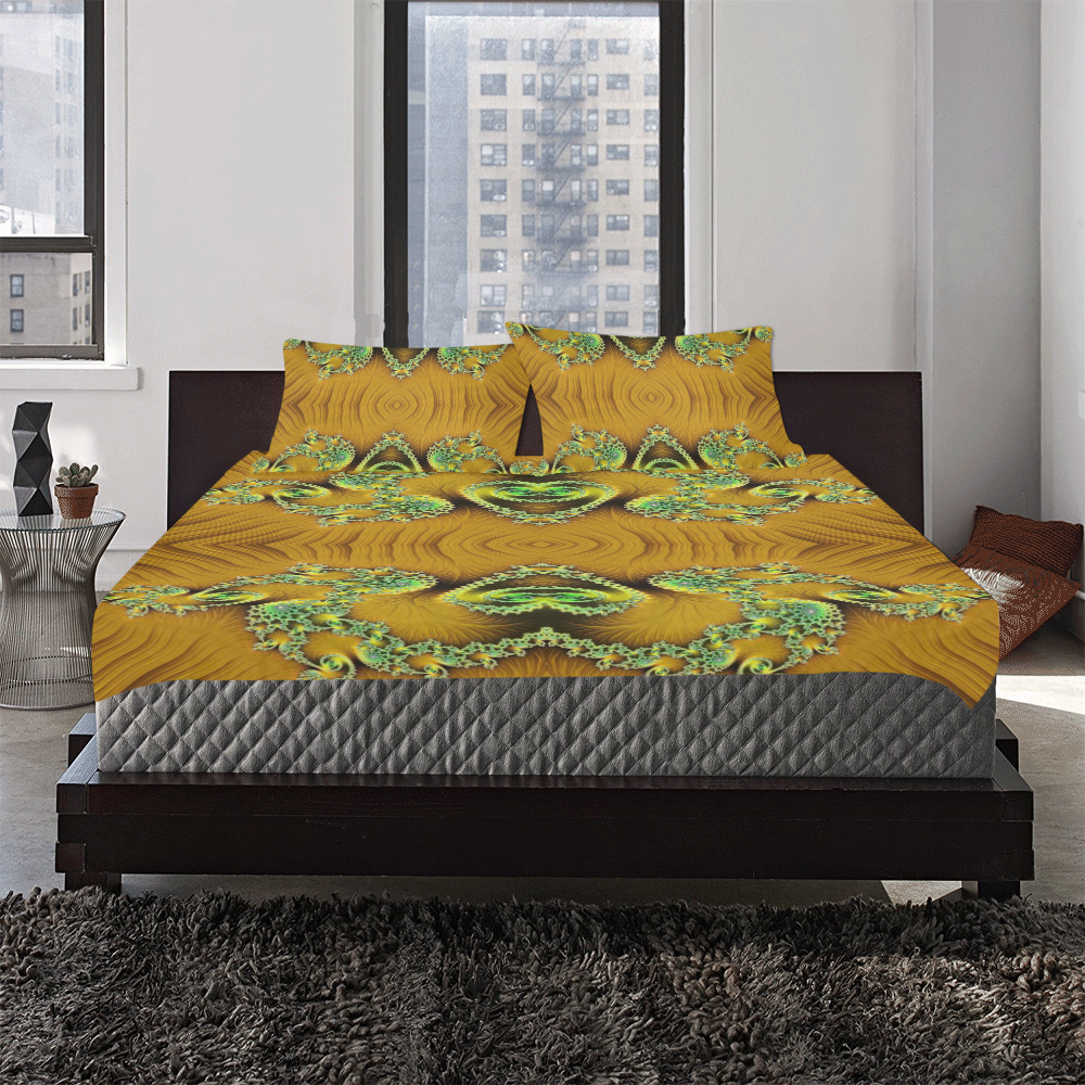 Gold and Green  Hearts  Lace Fractal Abstract 3-Piece Bedding Set