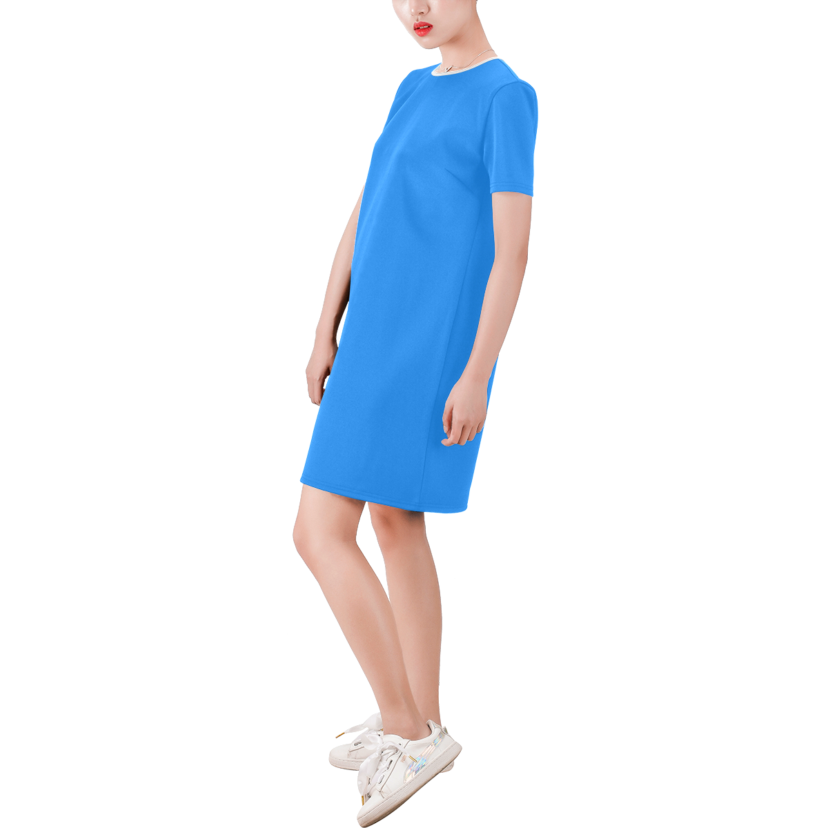 color dodger blue Short-Sleeve Round Neck A-Line Dress (Model D47)