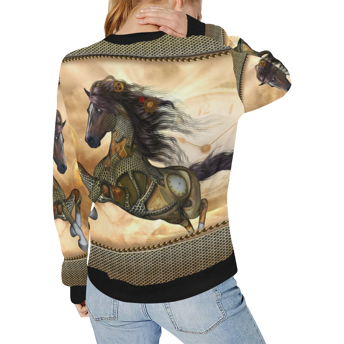 Aweseome steampunk horse, golden Women's Rib Cuff Crew Neck Sweatshirt (Model H34)