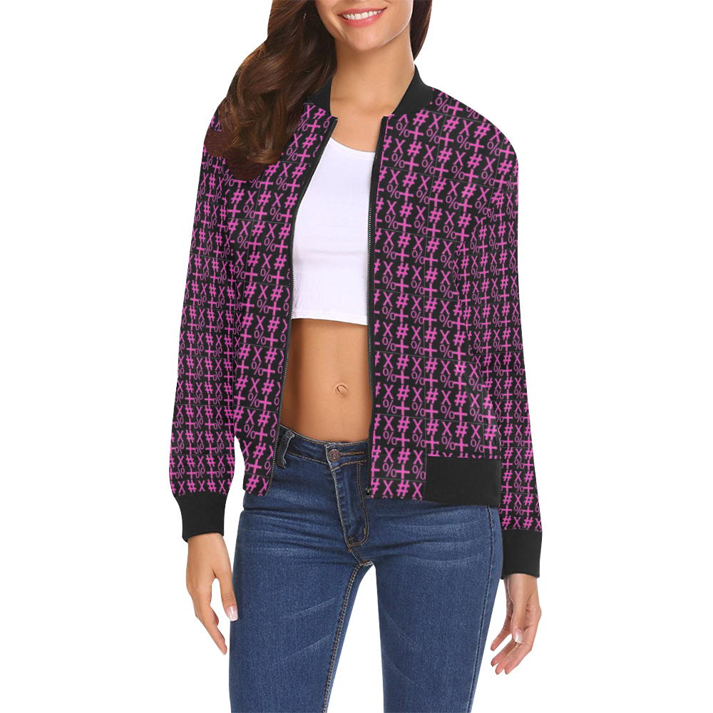 NUMBERS Collection Symbols Pink/Black All Over Print Bomber Jacket for Women (Model H19)