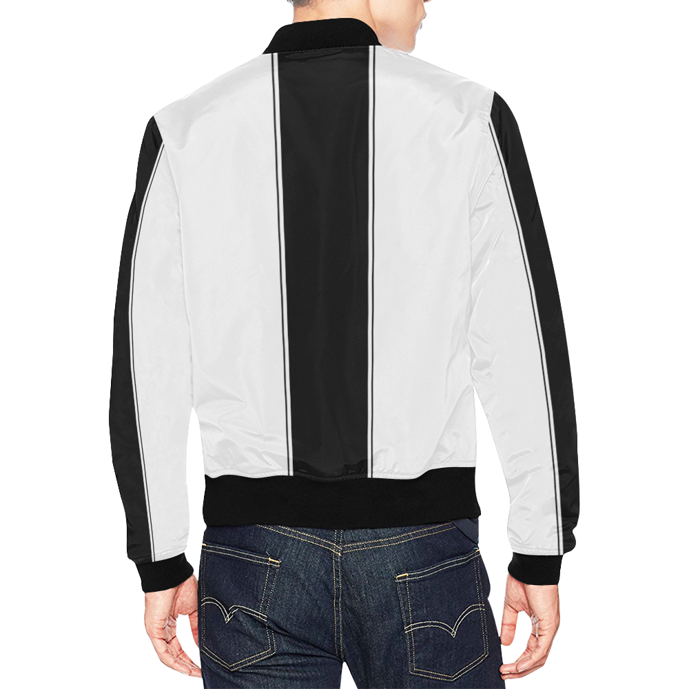 Racing Stripe Center Black and White All Over Print Bomber Jacket for Men (Model H19)