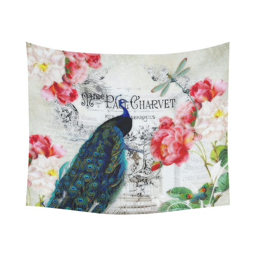 peacock and roses Cotton Linen Wall Tapestry 60"x 51"