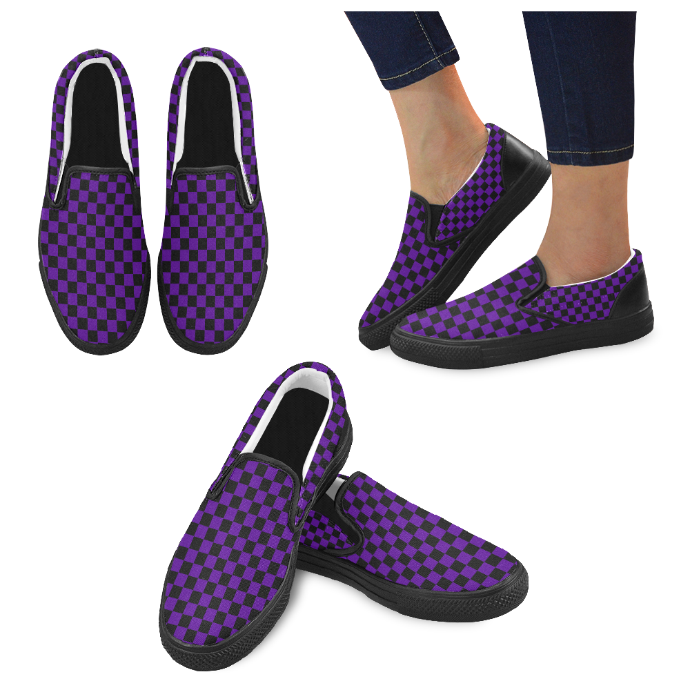 Checkerboard Black and Purple Slip-on Canvas Shoes for Men/Large Size (Model 019)
