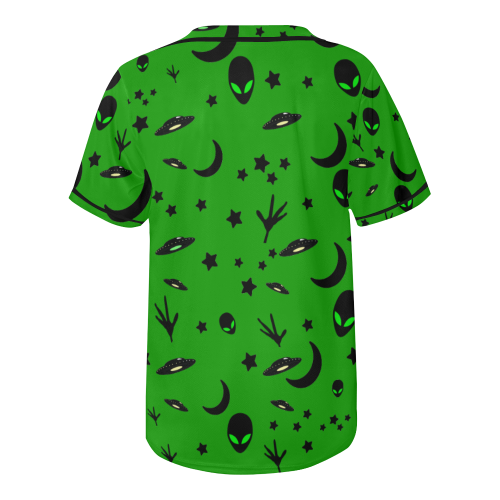 Alien Flying Saucers Stars Pattern on Green All Over Print Baseball Jersey for Men (Model T50)