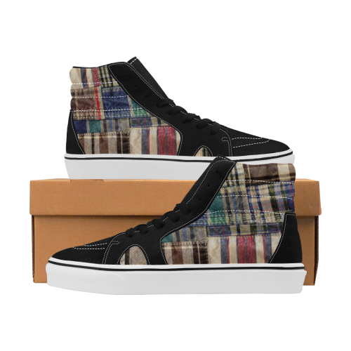 patchwork plaid tartan wrinkle look Men's High Top Skateboarding Shoes (Model E001-1)