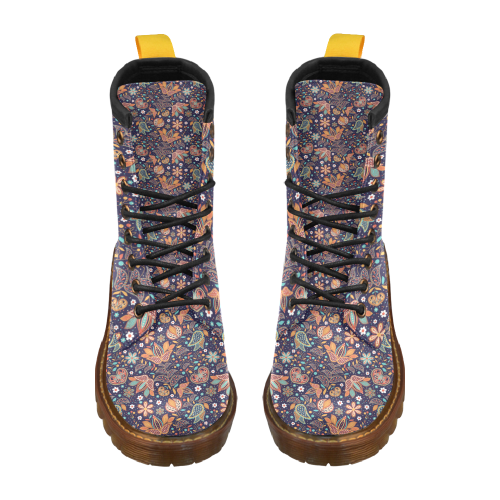 Floral Paisley Pattern - Navy High Grade PU Leather Martin Boots For Men Model 402H