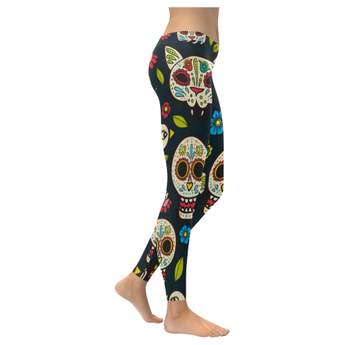 Sugar Skulls And Flowers Pattern Women's Low Rise Leggings (Invisible Stitch) (Model L05)