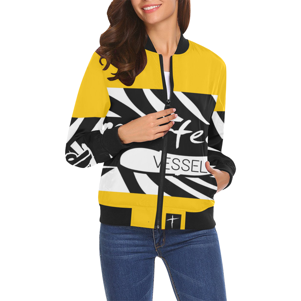 Yellow All Over Print Bomber Jacket for Women (Model H19)