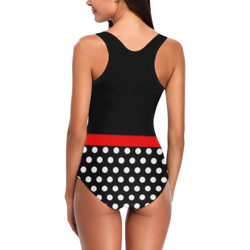 Polka Dots Black with Red Bow Vest One Piece Swimsuit (Model S04)