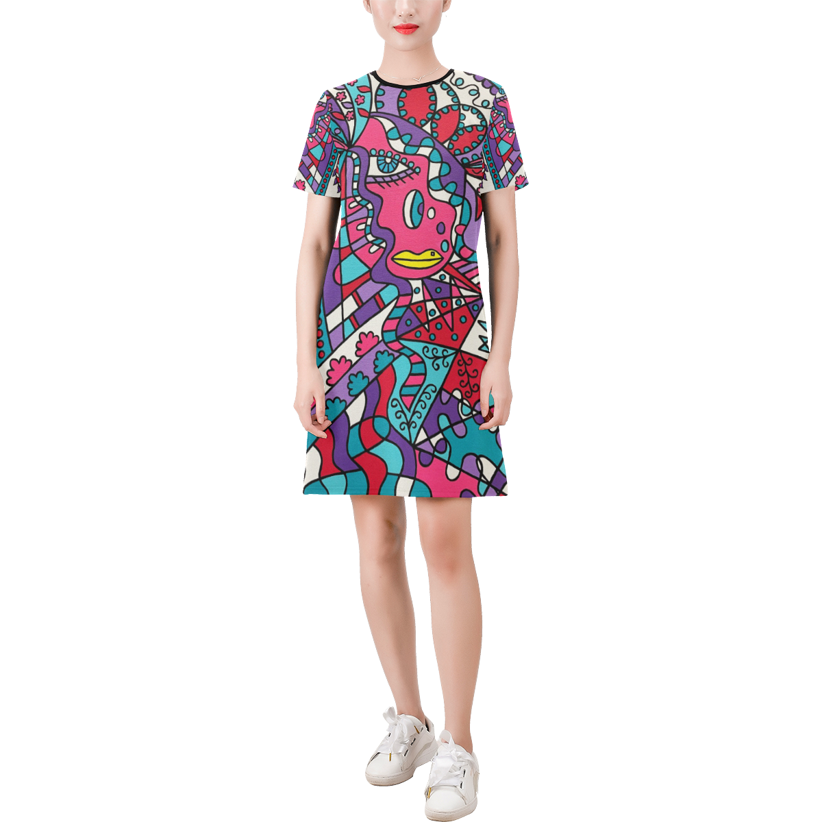 Tickled Short-Sleeve Round Neck A-Line Dress (Model D47)