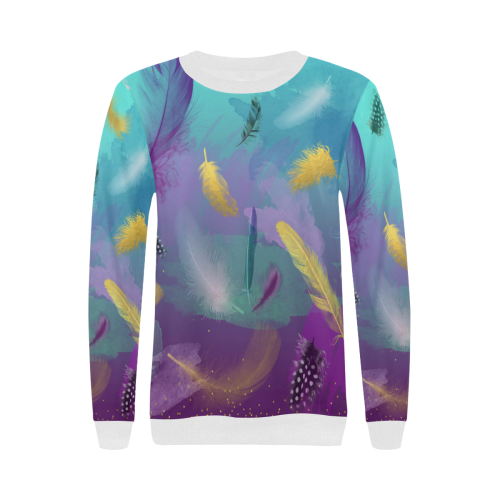 Dancing Feathers - Turquoise and Purple Women's Rib Cuff Crew Neck Sweatshirt (Model H34)