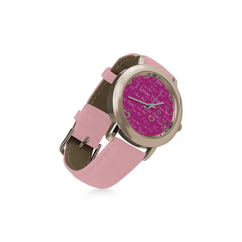 I Love You Floating Hearts Women's Rose Gold Leather Strap Watch(Model 201)