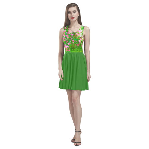 Honeysuckle Abstract with Plain Green Skirt Thea Sleeveless Skater Dress(Model D19)
