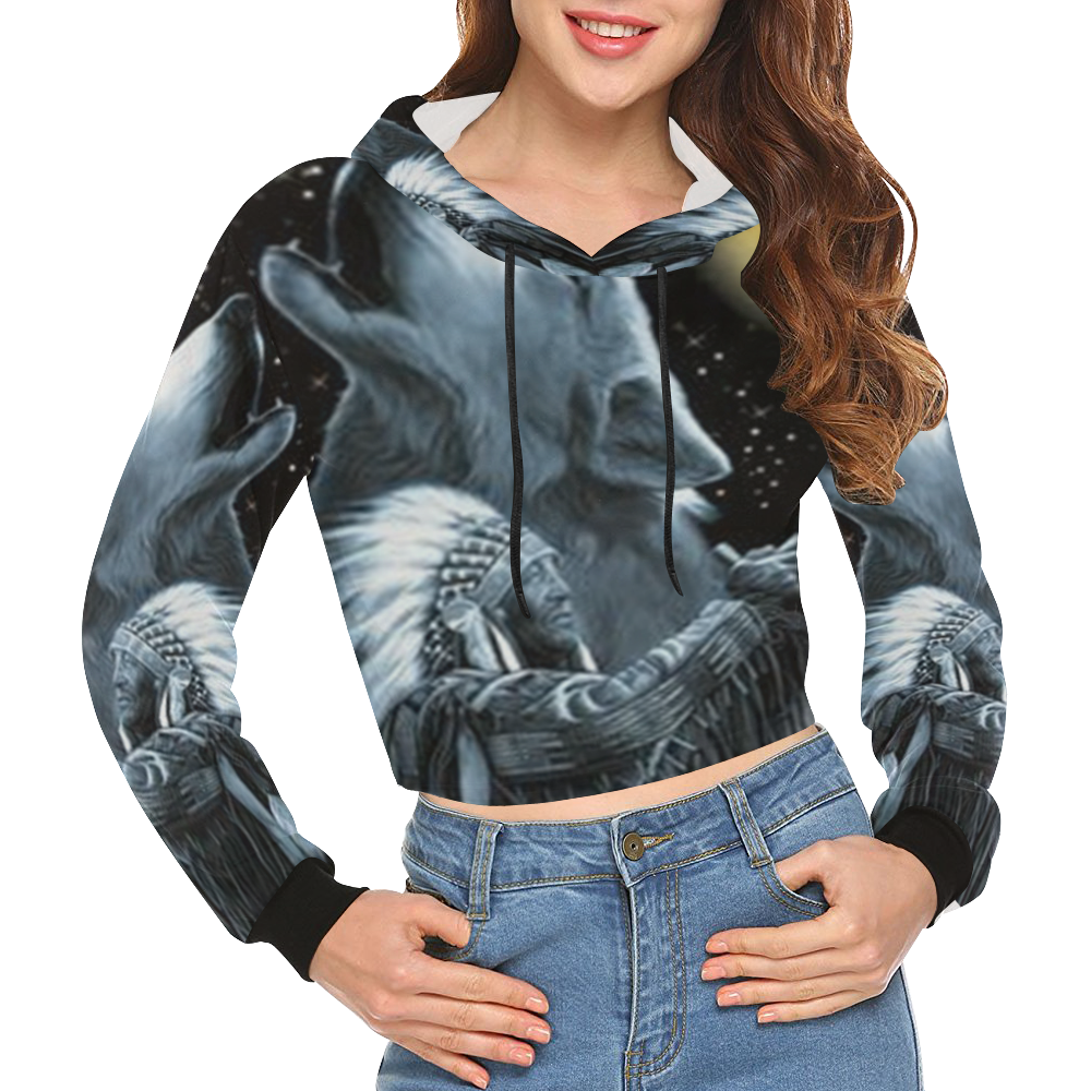 Embrace The Wolf Spirit All Over Print Crop Hoodie for Women (Model H22)