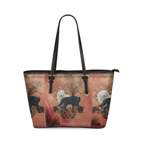 Awesome black and white wolf Leather Tote Bag/Small (Model 1640)