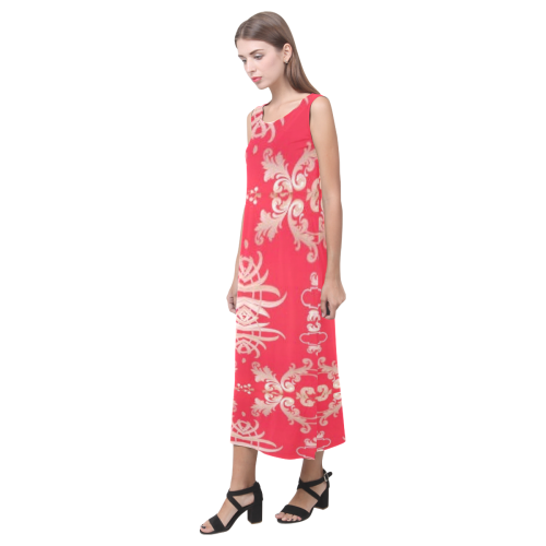 Sexy Red Formal chinese style print sleeveless long dress Phaedra Sleeveless Open Fork Long Dress (Model D08)