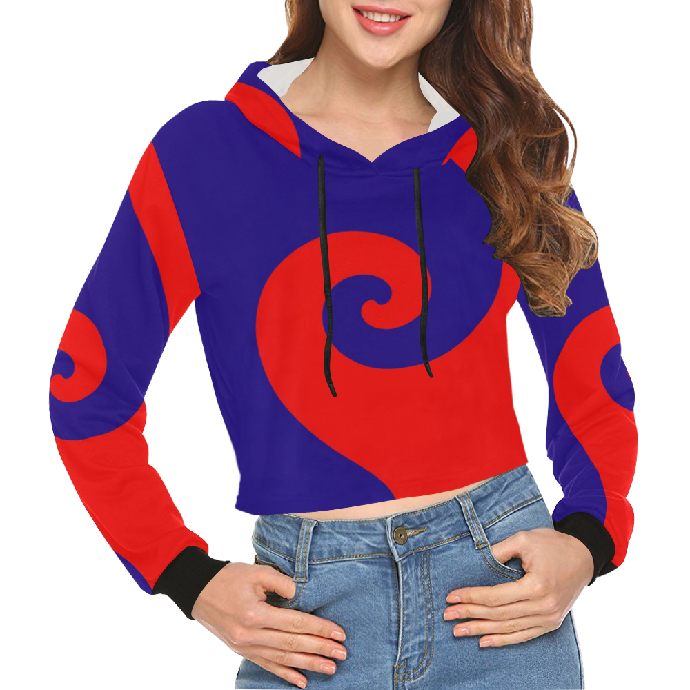 Mod Hippie Red and Blue Curlicue Swirls All Over Print Crop Hoodie for Women (Model H22)