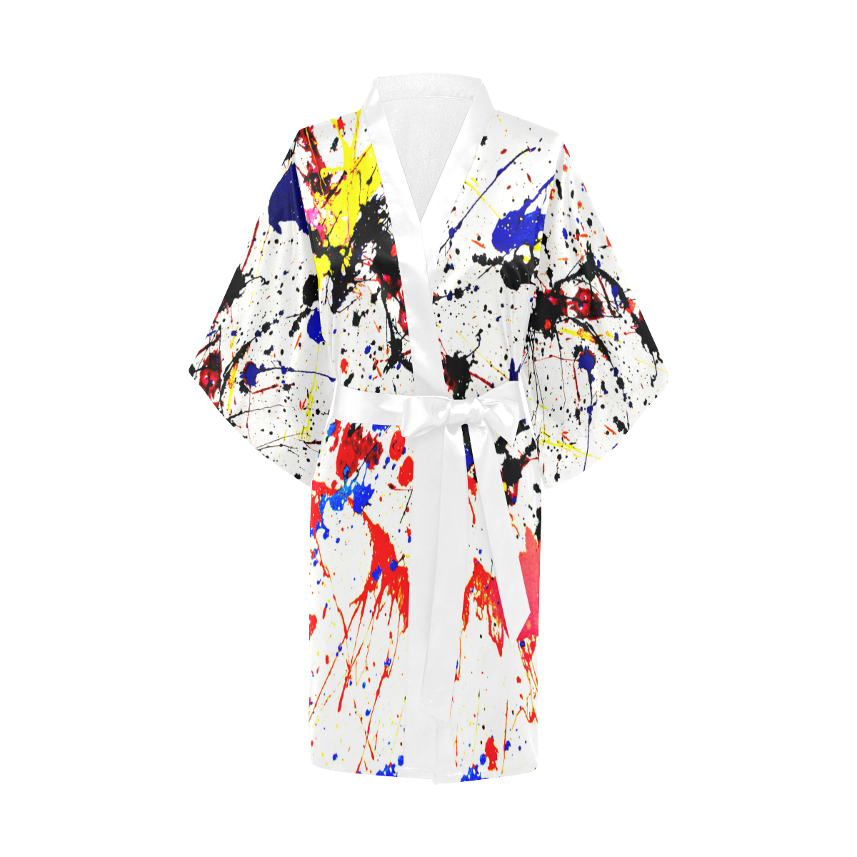 Blue,Black & Red Paint Splatter (White Sash) Kimono Robe