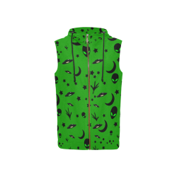 Alien Flying Saucers Stars Pattern on Green All Over Print Sleeveless Zip Up Hoodie for Women (Model H16)