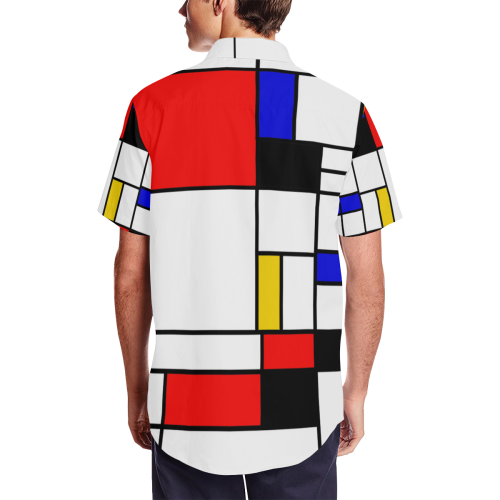 Bauhouse Composition Mondrian Style Men's Short Sleeve Shirt with Lapel Collar (Model T54)