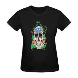 Biker Sugar Skull Black Women's T-Shirt in USA Size (Two Sides Printing)