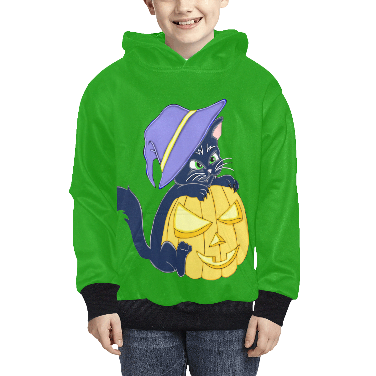 Cute Halloween Black Cat Witches Hat Green Kids' All Over Print Hoodie (Model H38)